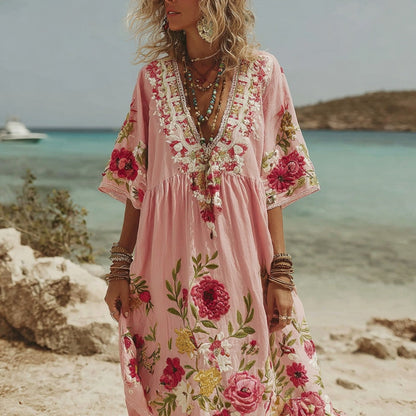 Pink Rose Embroidery V-Neck Short-Sleeve Linen Blend Midi Dress