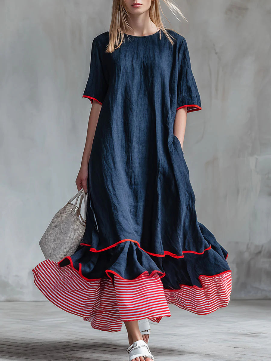 Patchwork Striped Midi Dress with Casual Red Summer Dress
