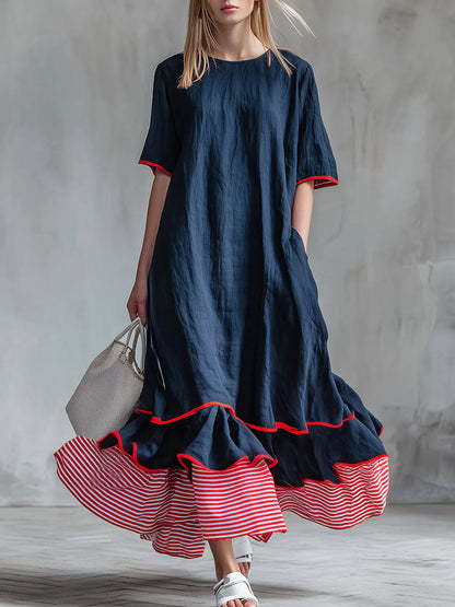 Patchwork Striped Midi Dress with Casual Red Summer Dress