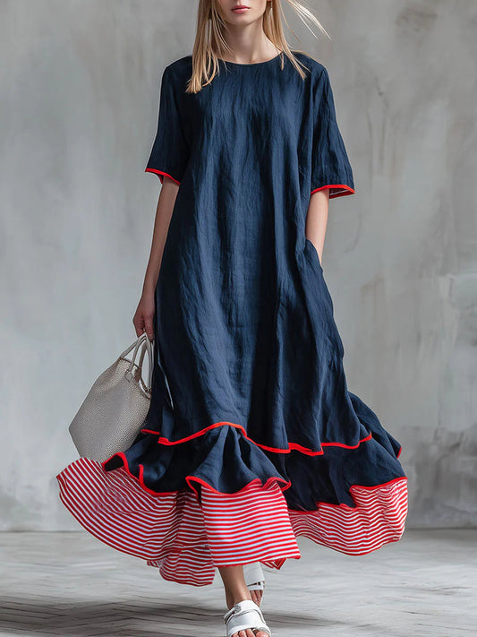 Patchwork Striped Midi Dress with Casual Red Summer Dress