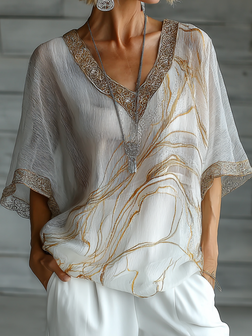Vintage Marble Texture Collection Bohemia Style Gradient Gilded Pattern Linen V-Neck T-Shirt