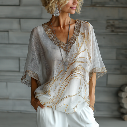 Vintage Marble Texture Collection Bohemia Style Gradient Gilded Pattern Linen V-Neck T-Shirt