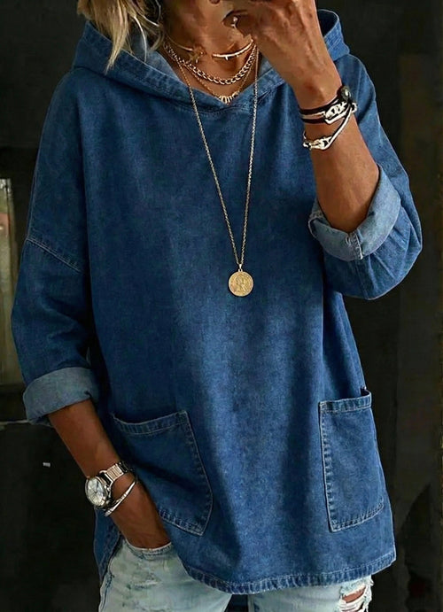 Retro Casual Pocket Hooded Washed Cotton Denim T-Shirt