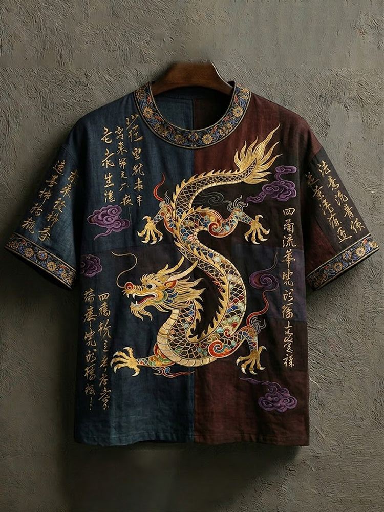 Men's Vintage Japanese Calligraphy Dragon Art Short-Sleeve Linen Blend T-Shirt