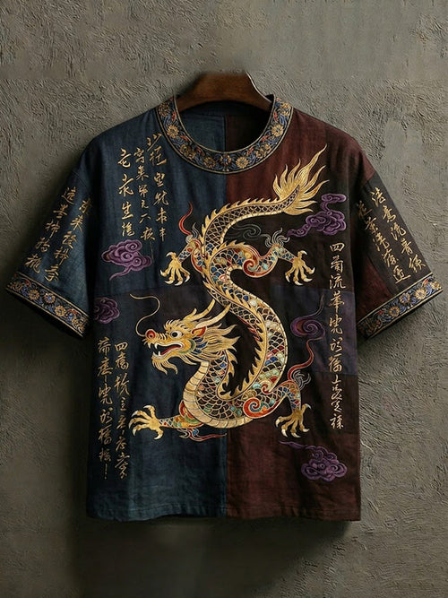 Men's Vintage Japanese Calligraphy Dragon Art Short-Sleeve Linen Blend T-Shirt