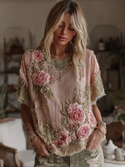 Vintage Floral Art Linen Crew Neck Comfy T-Shirt