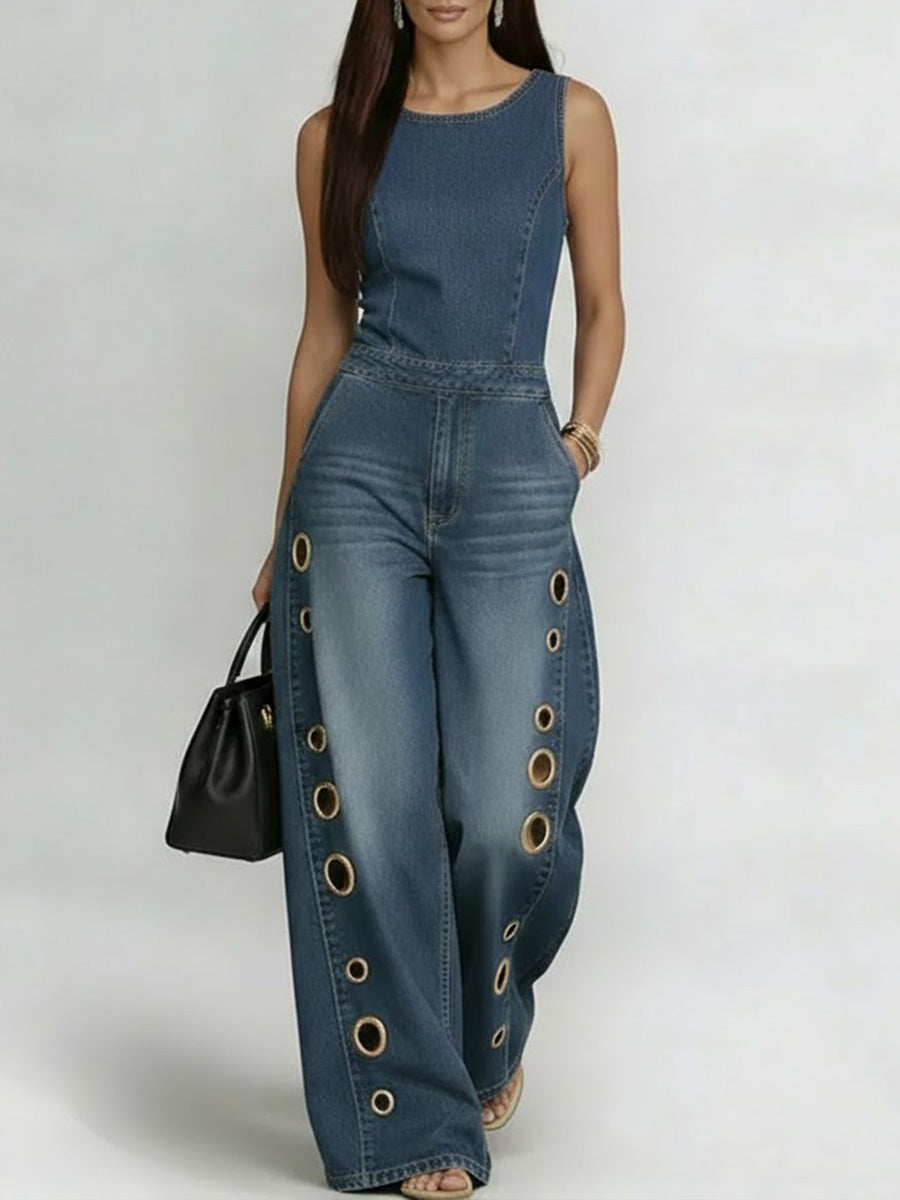 Round Neck Sleeveless Casual Loose Denim Wide-Leg Jumpsuit