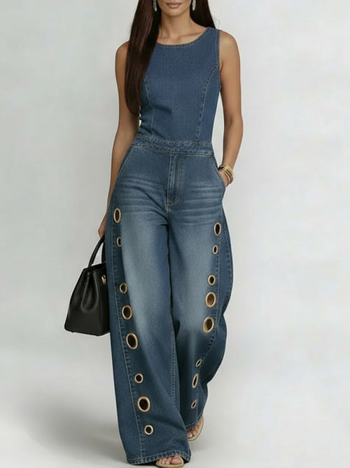 Round Neck Sleeveless Casual Loose Denim Wide-Leg Jumpsuit
