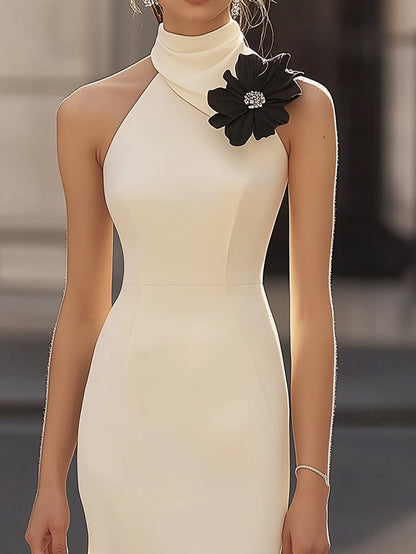 Ivory Satin Dress with 3D Floral Shoulder Accent