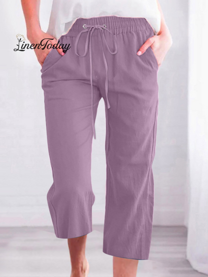 Casual Summer Linen Pants High-Waisted Loose Yoga Sweatpants Crop Pants with Pockets