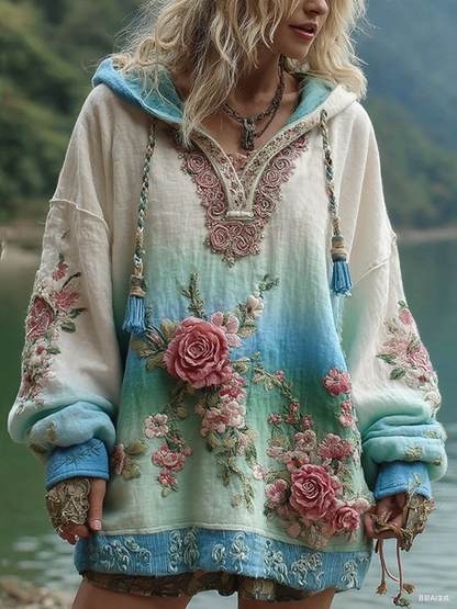 Love and Health Collection Vintage Rose and Floral Art Linen Long-Sleeve Hoodie