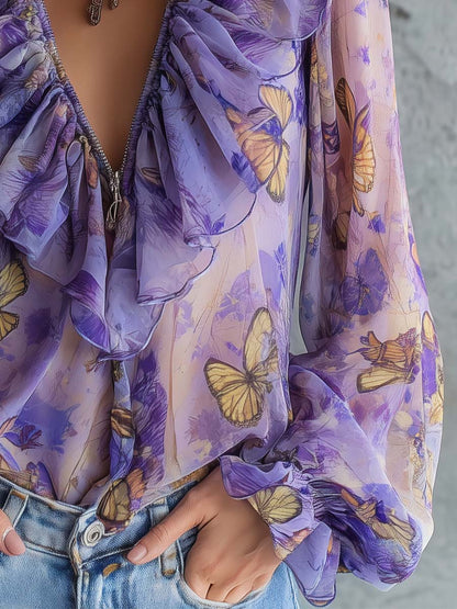 Purple Butterfly Print Sheer Ruffle Blouse with Plunge Neck