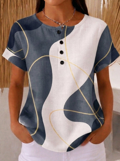 Artistic Line Print Cotton-Linen Blouse