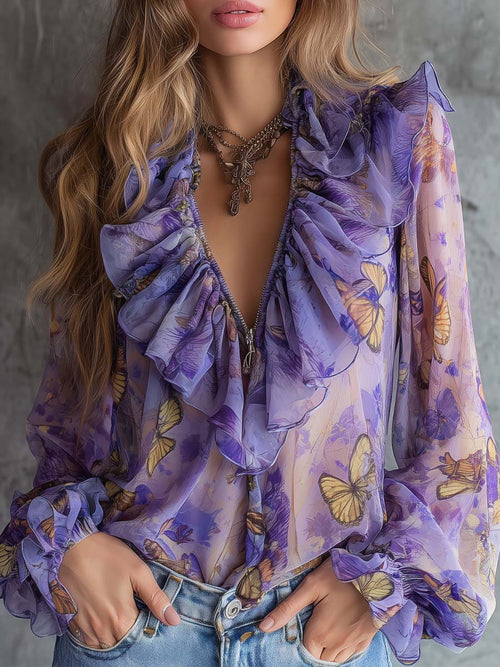 Purple Butterfly Print Sheer Ruffle Blouse with Plunge Neck