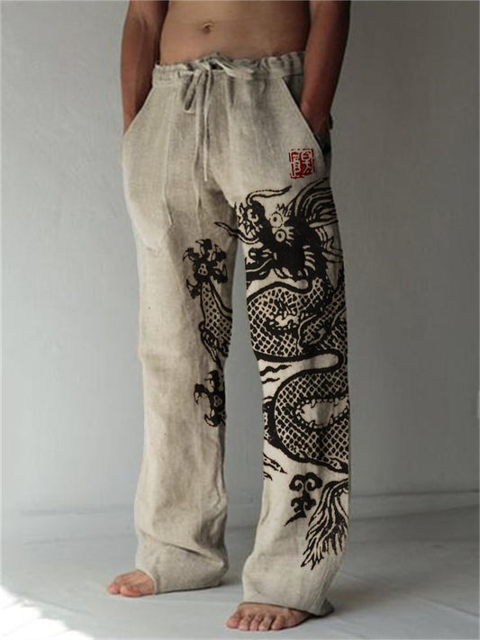 Ancient Dragon Japanese Lino Art Linen Blend Casual Pants