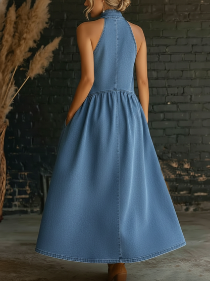 Retro Stand-Collar 100% Cotton Denim Midi Dress