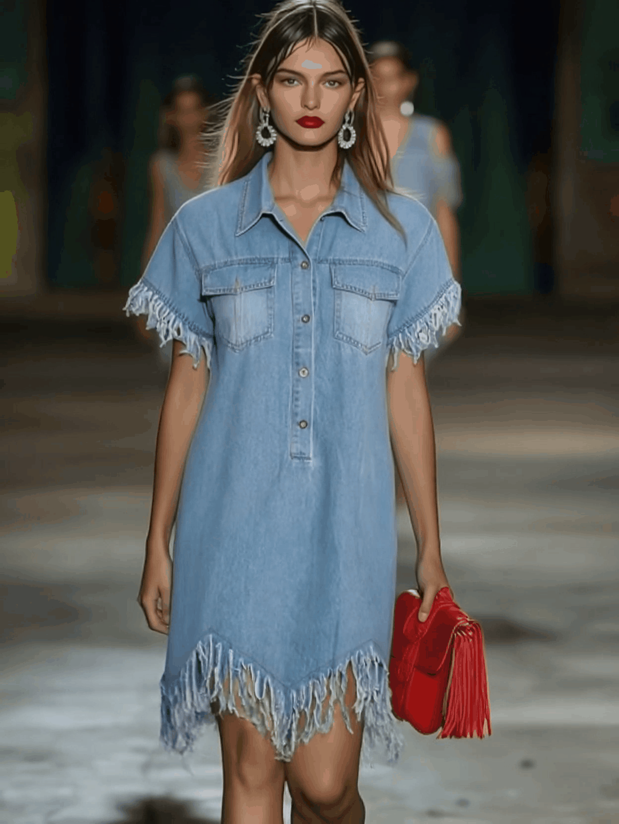 Casual Loose Vintage Denim Short-Sleeve Shirt Tassel Mini Dress