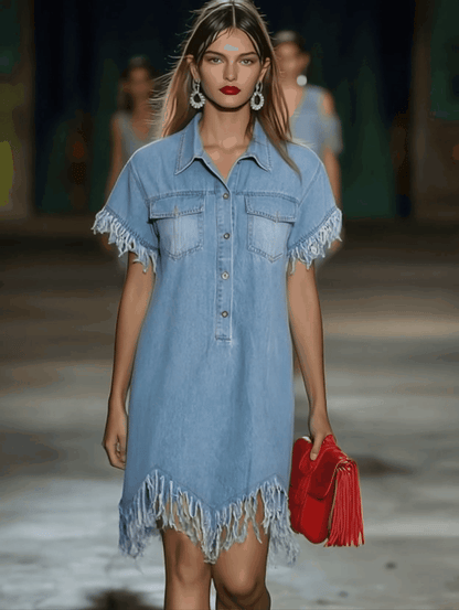 Casual Loose Vintage Denim Short-Sleeve Shirt Tassel Mini Dress