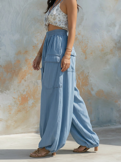 Light Blue Denim High Waist Wide-Leg Cargo Pants