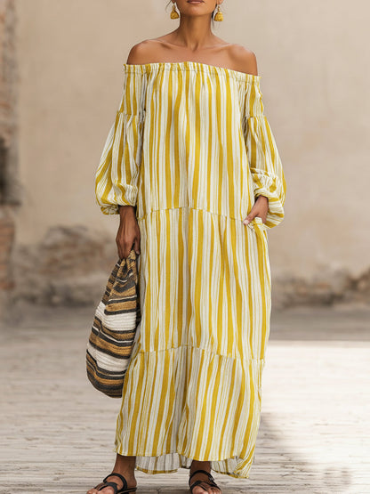 Casual Vacation Off-the-Shoulder Striped Linen Dress
