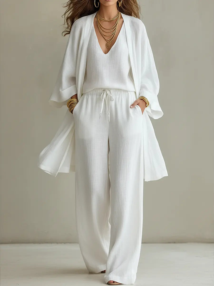 Minimalist Cotton and Linen Wide-Leg Pants Three-Piece Set