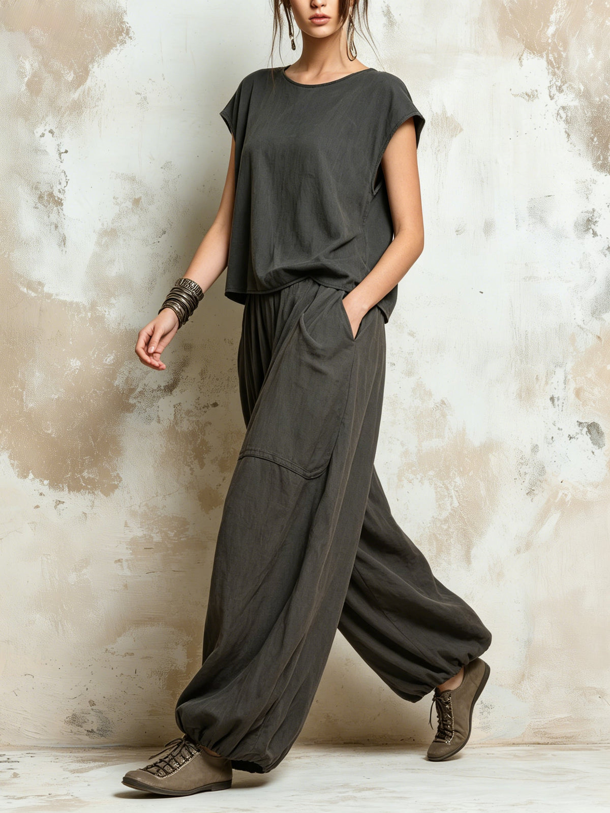 Dark Grey Oversized Linen Blend Harem Pants and Cap Sleeve Top Set