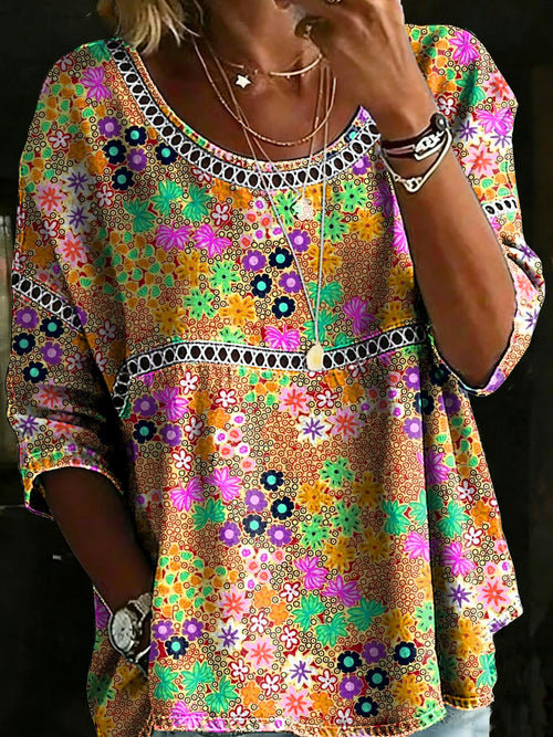 Multicolor Floral Casual Loose Denim Blouse Shirt