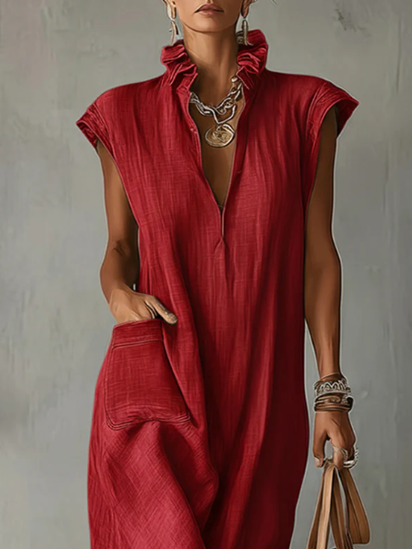 Ruffle Collar Cotton Linen Midi Dress with Elegant Summer Dress
