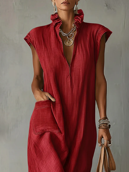 Ruffle Collar Cotton Linen Midi Dress with Elegant Summer Dress