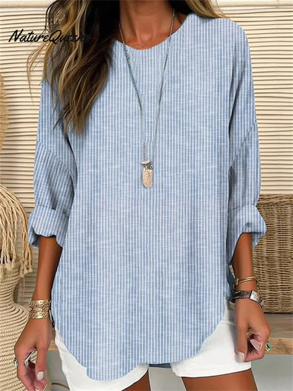 Retro Striped Design Loose Long-Sleeve Crew Neck Top