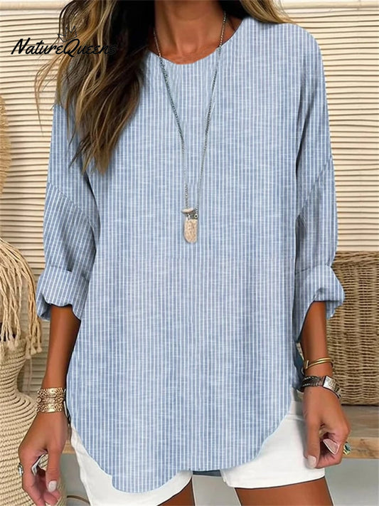 Retro Striped Design Loose Long-Sleeve Crew Neck Top