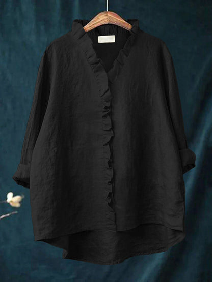Casual Cotton and Linen Ruffle Shirt