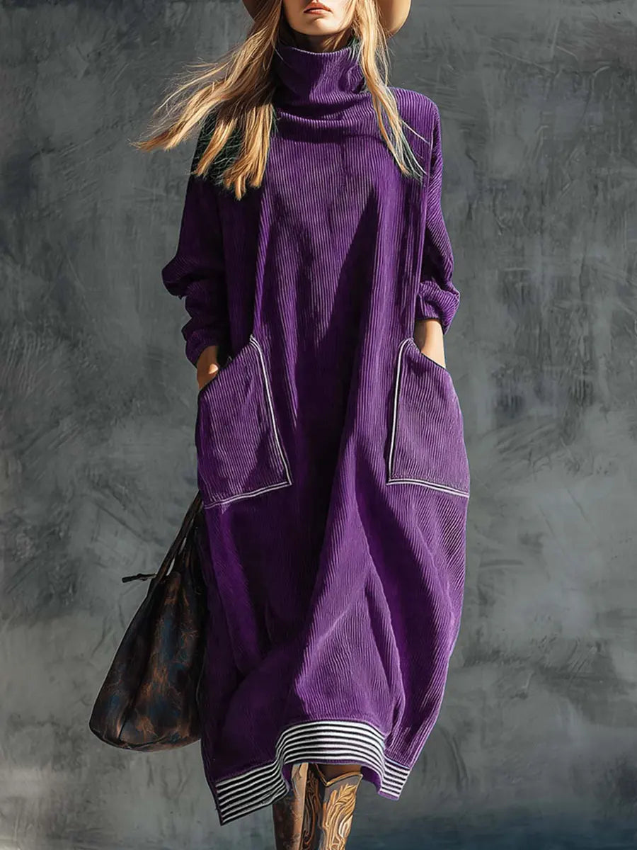 Solid Color High Neck Long-Sleeve Casual Loose Pocket Dress