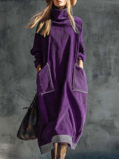 Solid Color High Neck Long-Sleeve Casual Loose Pocket Dress