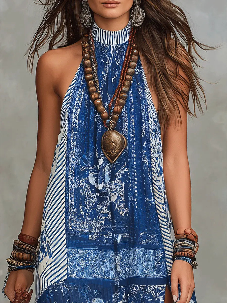 Retro Ethnic Floral Pattern Art Print Casual Fashion Cotton Maxi Dress