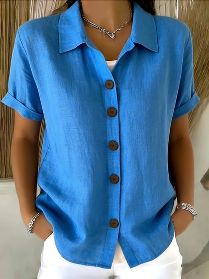 Linen Cotton Cozy Basic Button-Up Shirt with Casual Short-Sleeve Summer Blouse