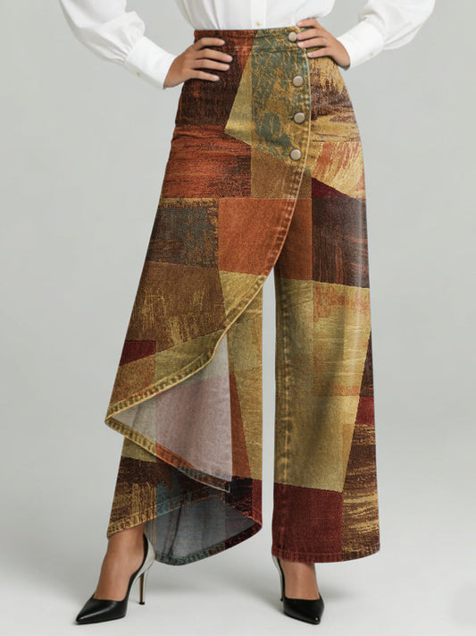 Vintage-Style Colorful Colorblock Decorative Patterns High-Waisted Relaxed Fit Wide-Leg Jeans with a Stylish Design