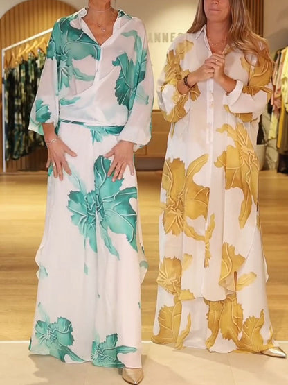 Chiffon Printed Two-Piece Set: Collared Long-Sleeve Loose-Fit Top and High-Waisted Wide-Leg Pants