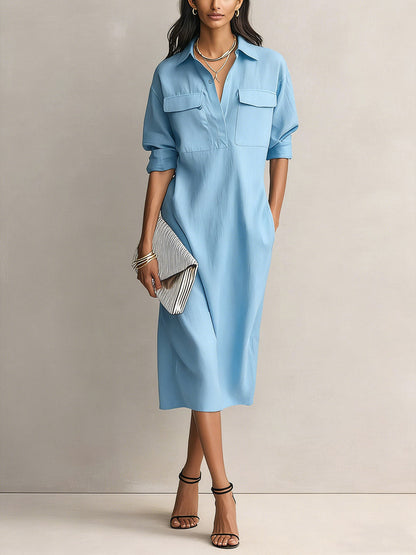 Solid Color Lapel Collar Long-Sleeve Casual Loose Cotton Linen Dress