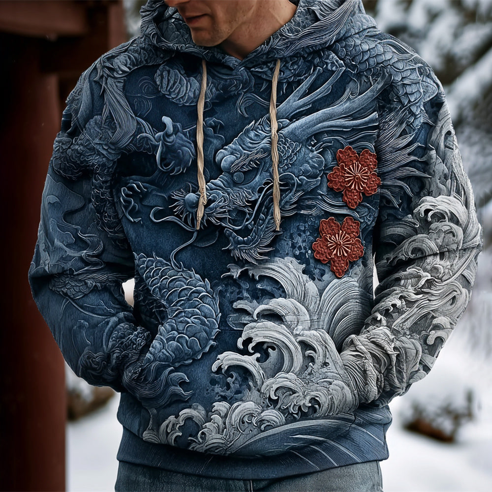 Japanese Dragon and Ocean Art Men's Hooded Sweatshirt