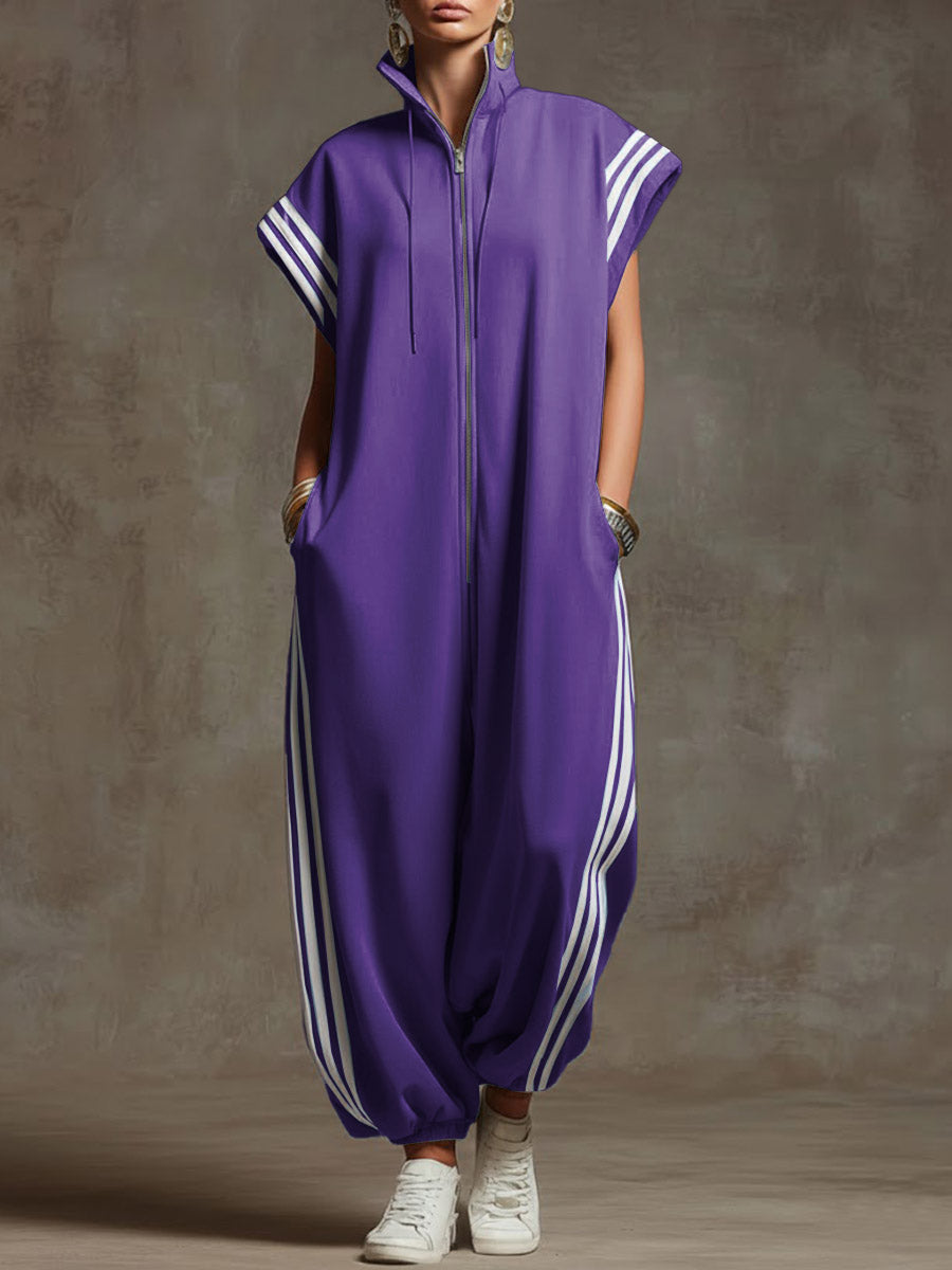 Relaxed Stand-Collar Short-Sleeved Casual Loose Cotton Wide-Leg Jumpsuit
