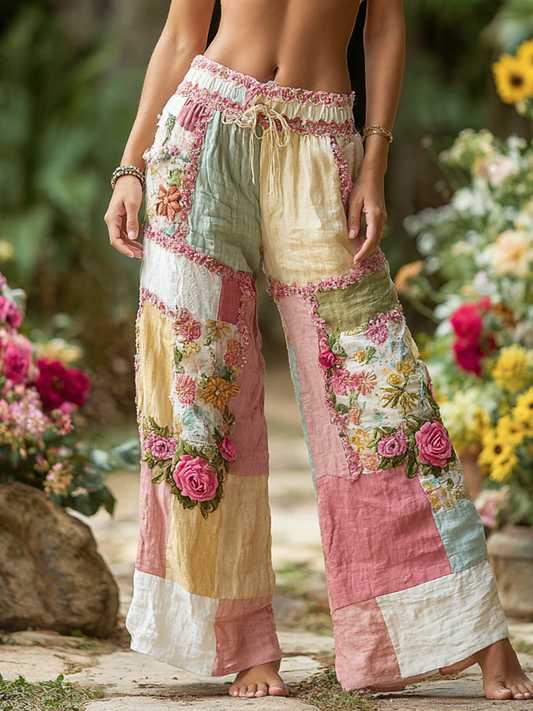 Patchwork Rose Floral Contrast Waist Elastic Pocket Pants