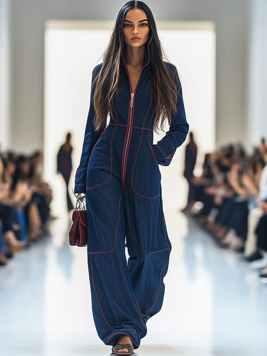 Casual Loose Retro Red Topstitched Denim Wide-Leg Long-Sleeve Jumpsuit