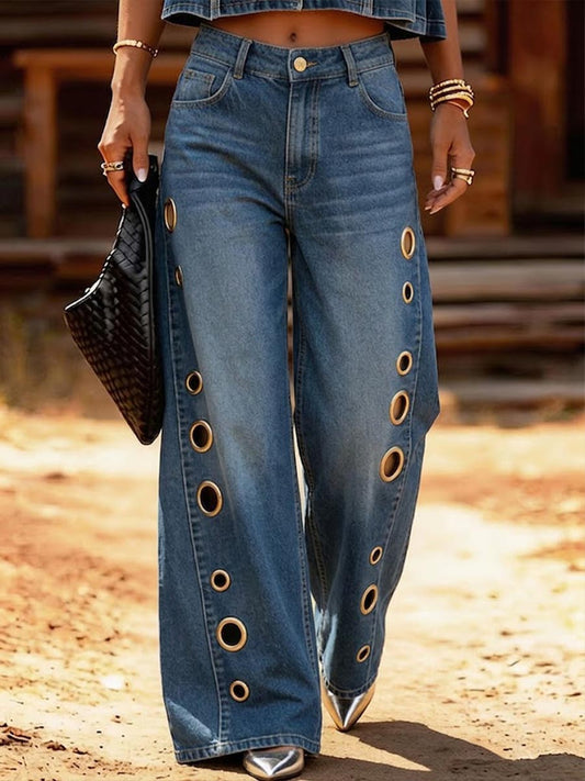 High-Waisted Casual Loose Wide-Leg Jeans with Metal Cutout Design