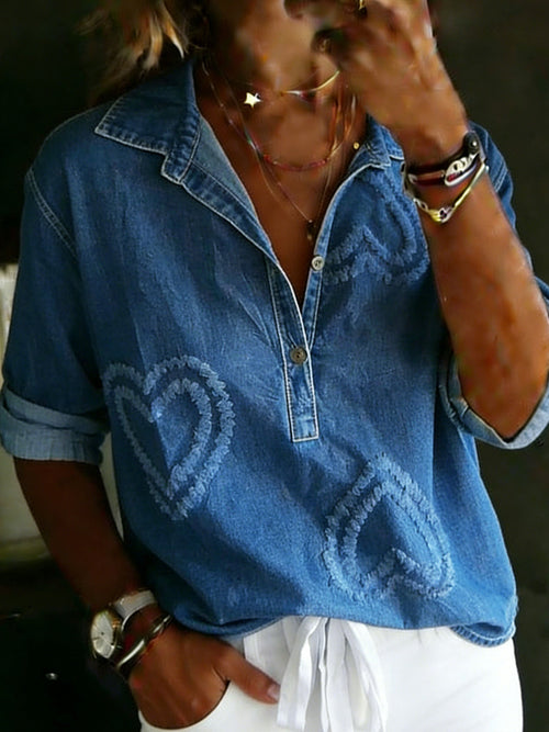 Heart Casual Loose Denim Blouse Shirt
