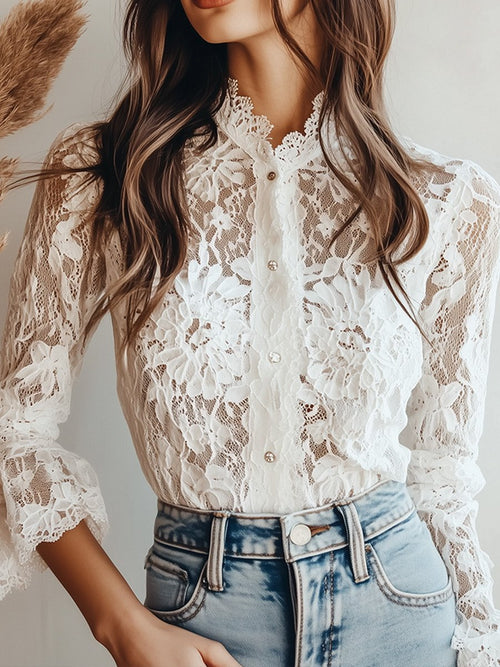 (sale)graceful White Lace High-Neck Blouse