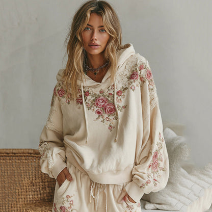 Rose Embroidery Art Cozy Hooded Sweatshirt