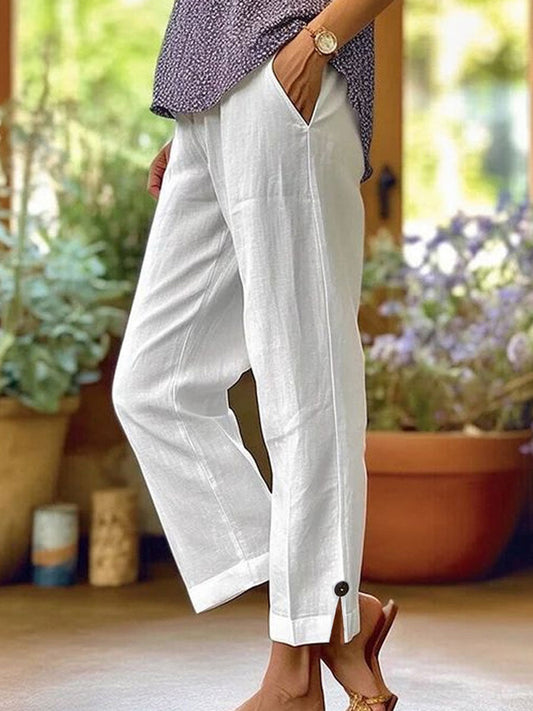 Cotton-Linen Solid Color Elastic Waist Pockets Straight Leg Loose-Fit Casual Trousers