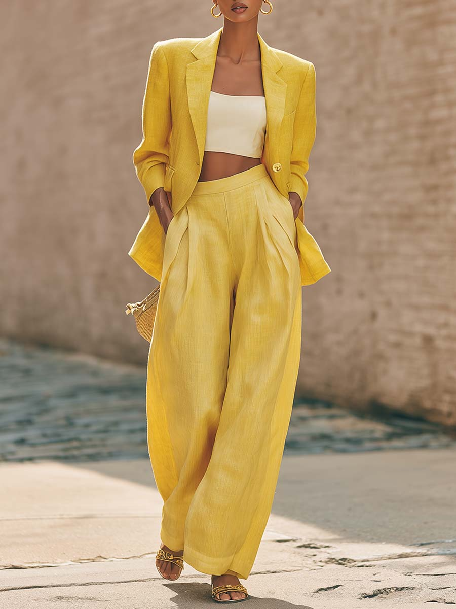Minimalist Solid Color Suit Jacket and Wide-Leg Pants Linen Two-Piece Set