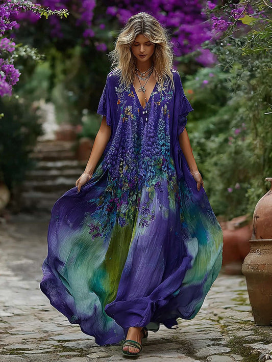 Vintage Lupine Gradient Pattern V-Neck Dress